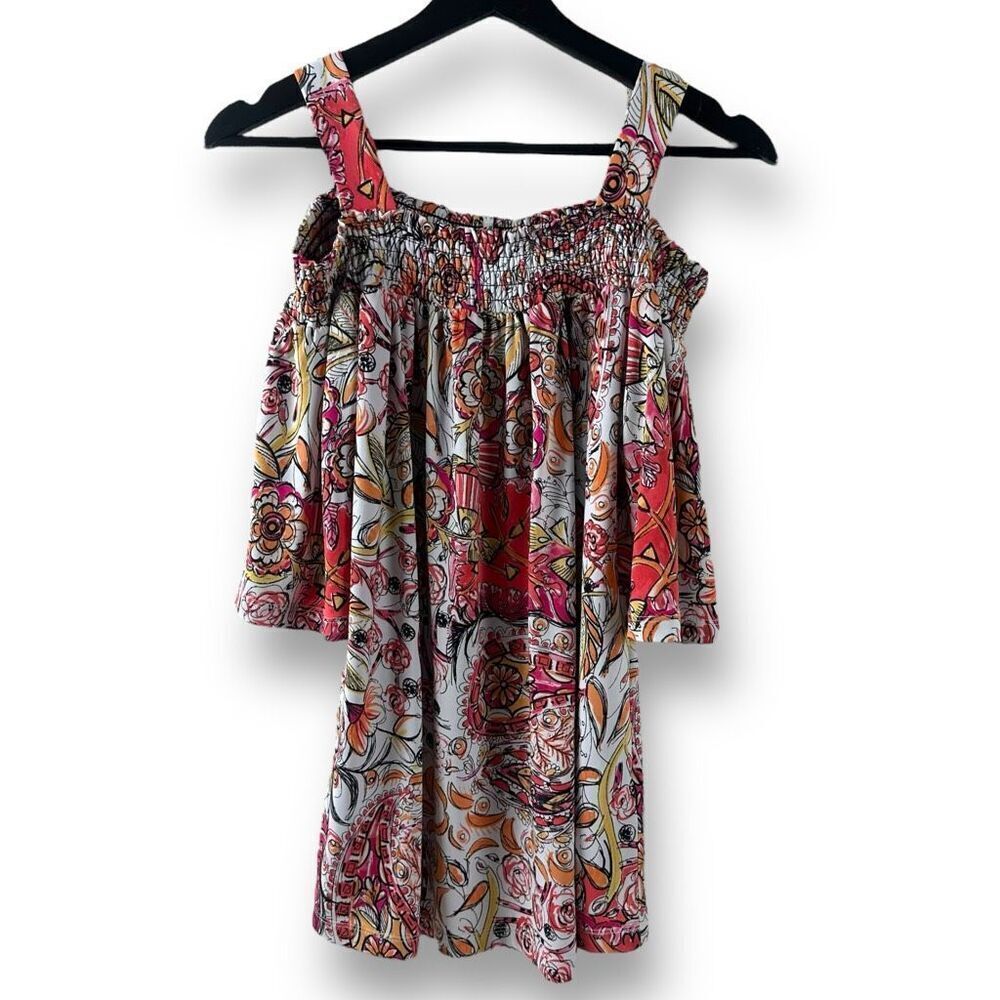 Susan Graver Womens M Cold Shoulder Flowy Top Pink Orange Doodle Floral Colorful
